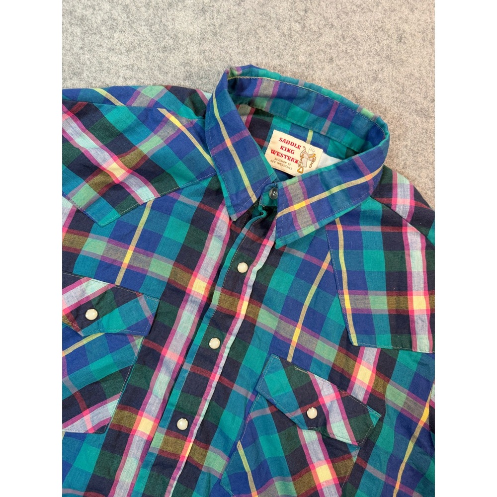 Vintage Saddle King Western‎ Plaid Snap Button Shirt Mens XL Blue Multi Color